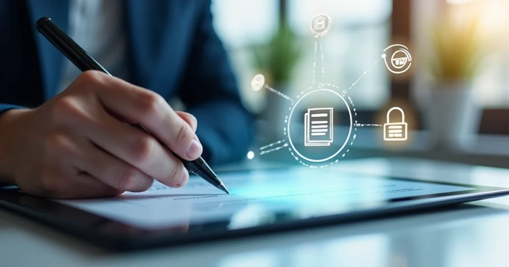 Pessoa assinando contrato digital em tablet com ícones de segurança ao redor