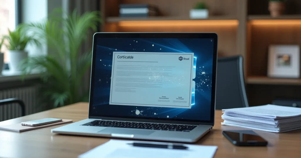 Mesa de escritório com computador aberto mostrando certificado digital ICP-Brasil na tela, ao lado documentos e caneta
