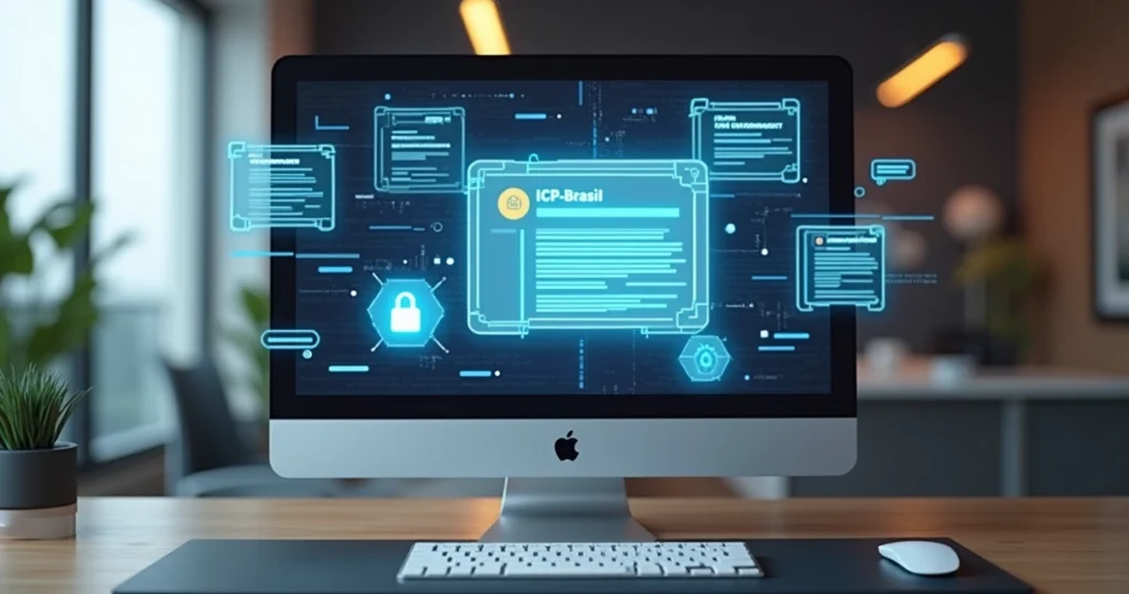 Certificados digitais ICP-Brasil em tela de computador profissional com documentos digitais e cadeado de segurança