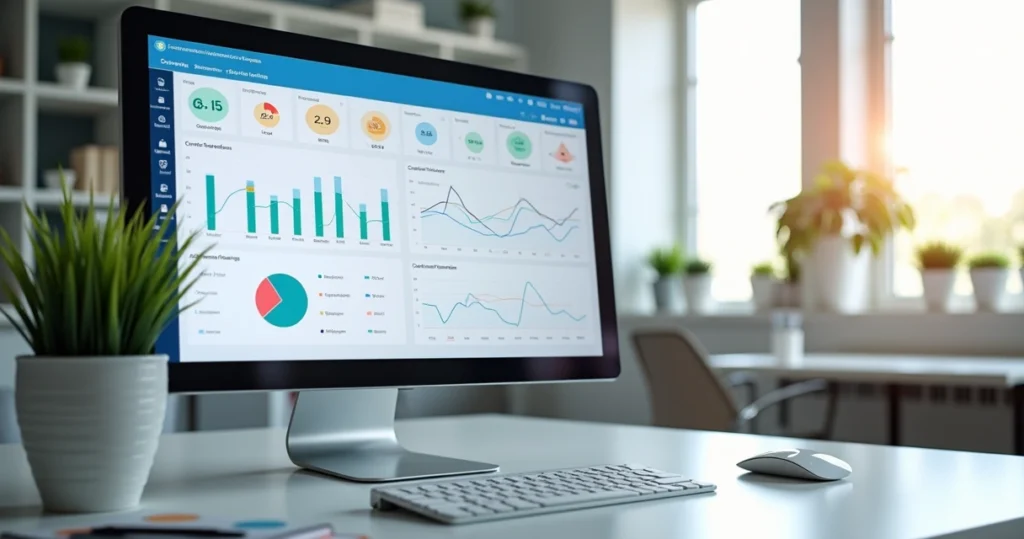 Tela de computador mostrando dashboard de plataforma digital de gestão de contratos com gráficos e fluxos de aprovação