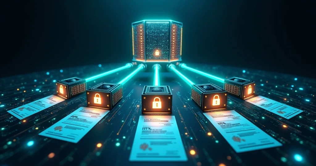 Esquema detalhado da hierarquia da infraestrutura de chaves públicas com símbolos digitais e cadeado de segurança