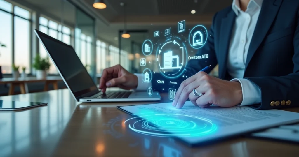 Pessoa usando computador e tablet para assinar contrato digital online com ícones de segurança jurídica e notificações automáticas ao redor