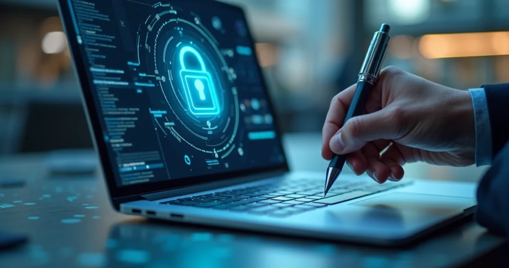 Documento digital sendo assinado eletronicamente em laptop com cadeado de segurança virtual e certificado digital ICP-Brasil visível na tela