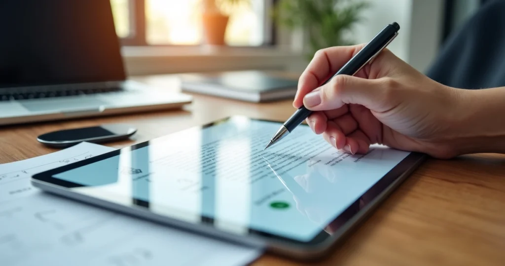 Mão segurando caneta digital sobre tablet exibindo contrato para assinatura digital com certificado eletrônico visível na tela