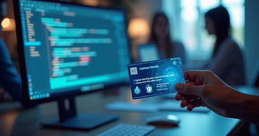 Mão segurando cartão de certificado digital com tela de computador exibindo contrato online seguro