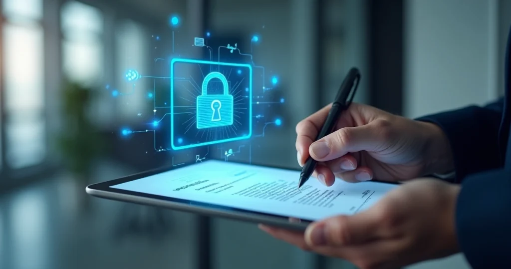 Mano segurando um tablet mostrando um documento digital com ícones de cadeado e certificado digital holográfico ao fundo