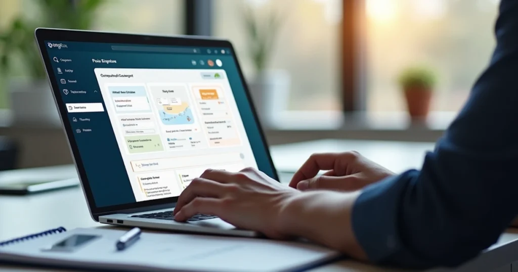 Pessoa usando laptop com tela exibindo plataforma digital de gestão de contratos e assinaturas digitais