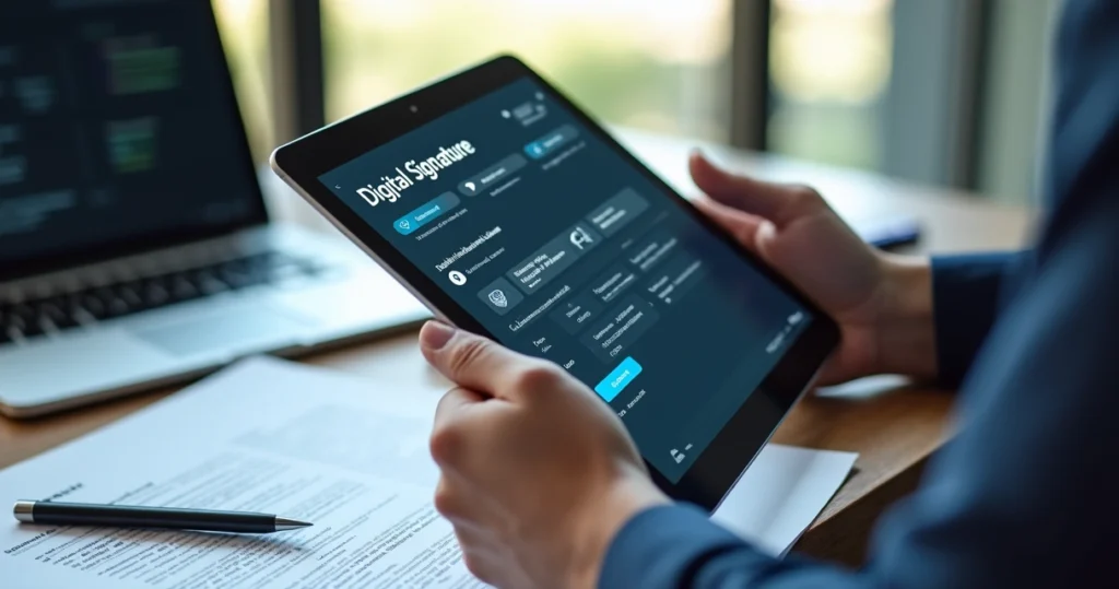 Mão segurando um tablet exibindo a tela de validação de assinatura digital em contrato eletrônico com interface de software e certificados digitais visíveis